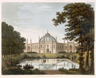 Brighton Pavilion: Voorgesteld uitzicht op de tuin met een deel van Brighton Pavilion op de achtergrond, gegraveerd door J. C. Stadler, c.1816